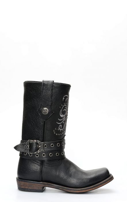 Liberty Black biker boots with square toe and strap and embroidery