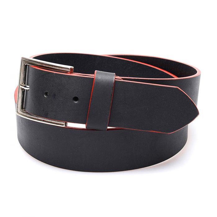 Black genuine leather belt with contrasting red border