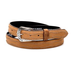 Honey-colored leather belt with contrasting embroidery