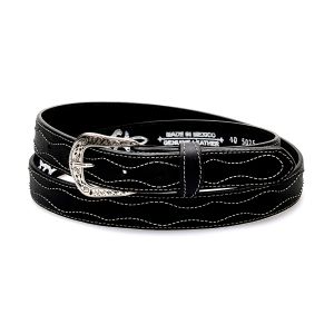 Black belt in genuine leather with contrasting white embroidery