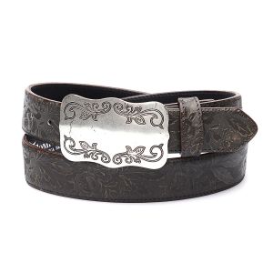 Dark brown genuine leather belt with matching embroidery and buckle