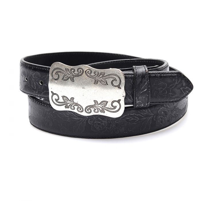 Black belt in genuine leather with matching embroidery and buckle