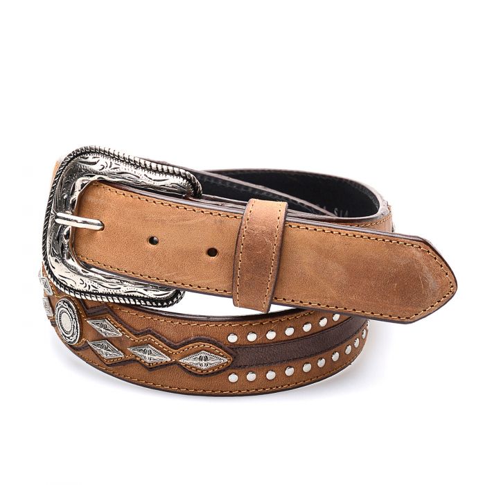 Honey-colored real leather belt with borders and studs