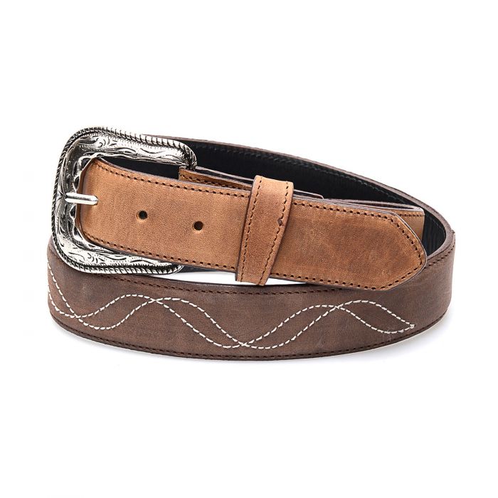 Two-tone honey and brown belt in genuine leather with embroidery