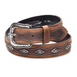 Honey and brown two-tone leather belt with studs and edging