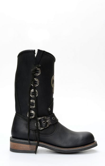 Bottes Liberty noires en cuir noir avec insert logo et conchos