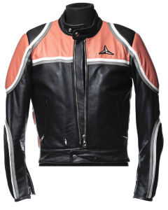 Black SBJ leather jacket with orange shoulders